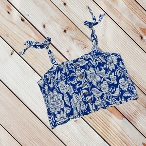 Patrons of Peace L blue/ivory smocked tie shoulder tank